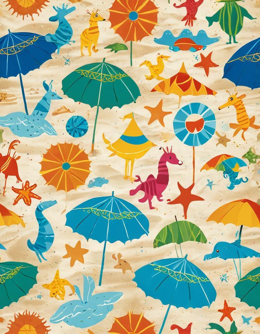 A whimsical beach scene featuring imaginative swimwear designs inspired by classic children's literature, such as patterns reminiscent of Dr. Seuss or Peter Pan. Include playful illustrations like whimsical sea creatures and vibrant beach toys scattered around. The sun shines brightly, casting colorful shadows on the sand, while children joyfully play in the water, showcasing their unique and fantastical swimwear. Capture the essence of fun, creativity, and imagination in a lively atmosphere. vibrant colors. playful illustration.