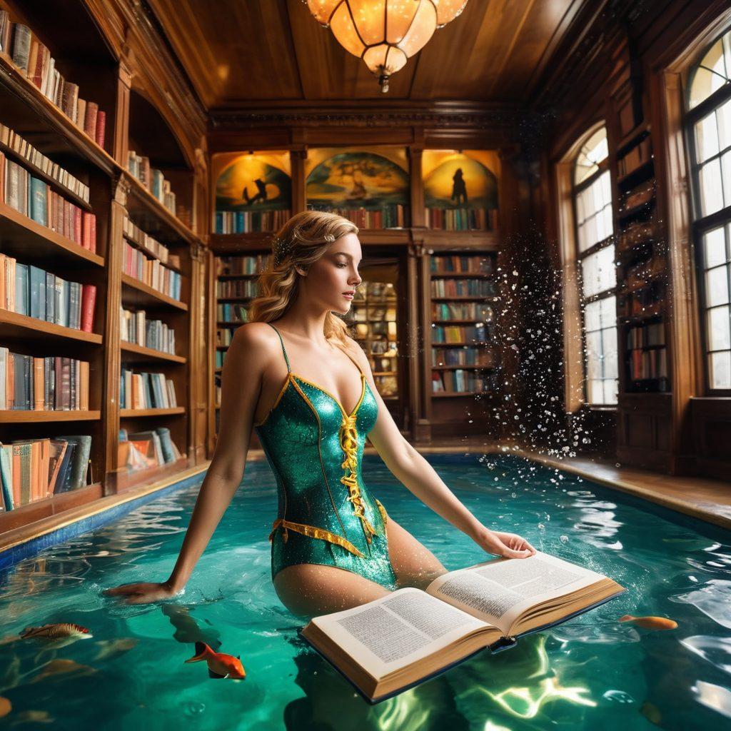 A whimsical underwater scene featuring a colorful array of swimwear inspired by famous literary characters, like a Gatsby-style bathing suit, mermaid fins, and pirate-themed pieces. The background showcases water flowing into a library filled with books, and whimsical sea creatures reading. Sunlight filters through the water, casting a magical glow on the attire. Playful elements like bubbles shaped like book titles add to the enchantment. vibrant colors. super-realistic.