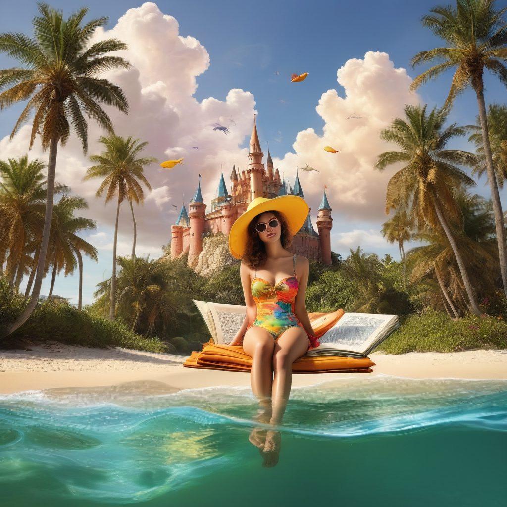 A fantastical beach scene where whimsical beachwear items, inspired by fairy tales, float on water. Brightly colored swimsuits adorned with storybook illustrations, like castles and dragons, are draped over a floating book. The beach is bathed in golden sunlight with playful waves and a backdrop of palm trees. Dreamy clouds shaped like speech bubbles hint at tales yet to be told. vibrant colors. whimsical style. super-realistic.